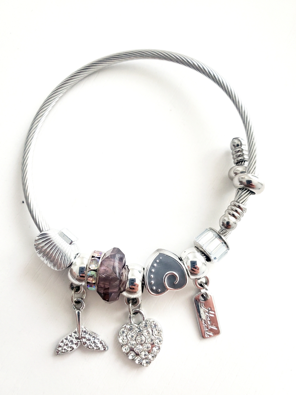 Silver Heart & Charm Cable Bangle Bracelet - Purple Accents